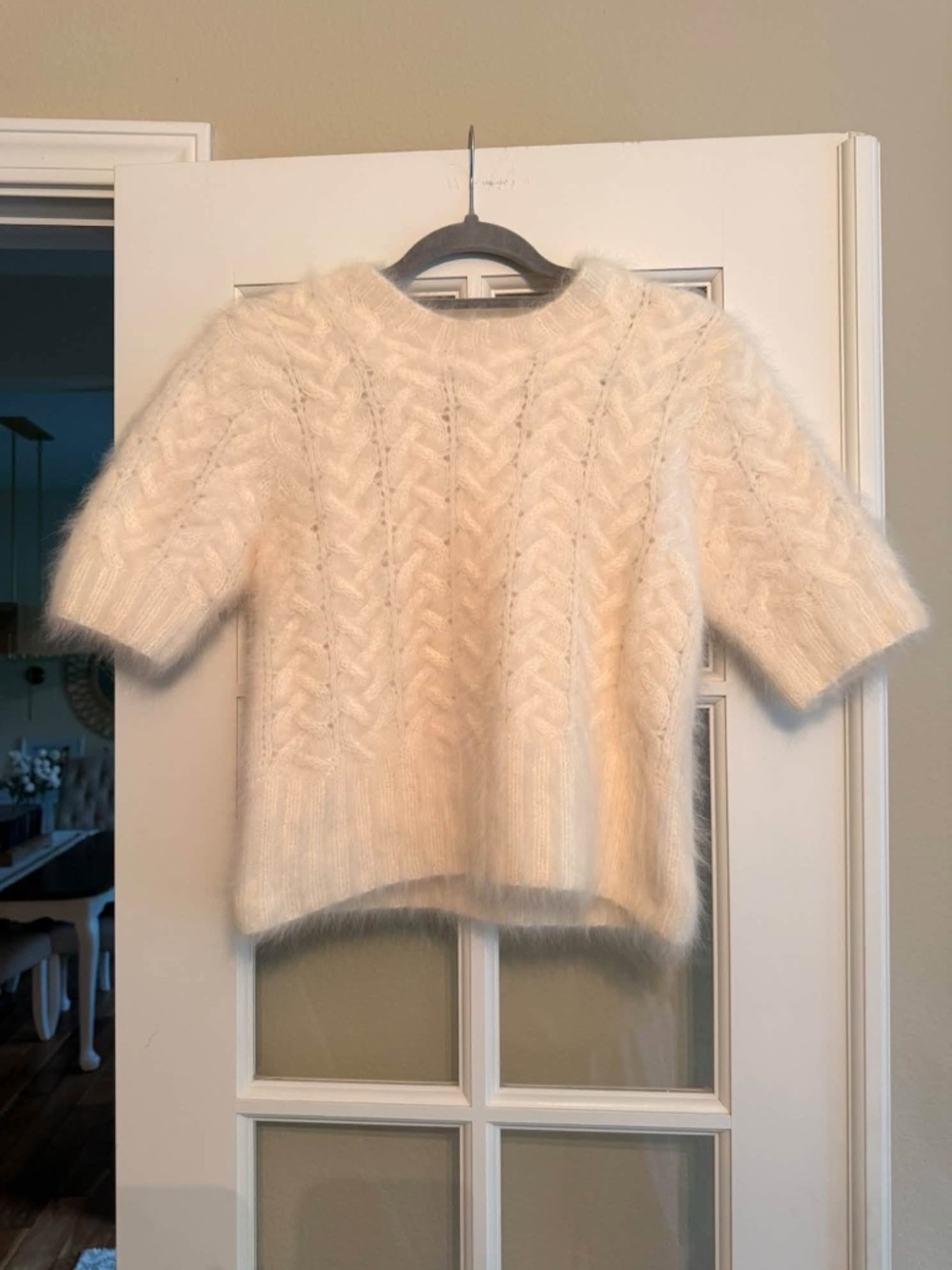 Mondi Collections White Fuzzy Short Sleeve Sweater